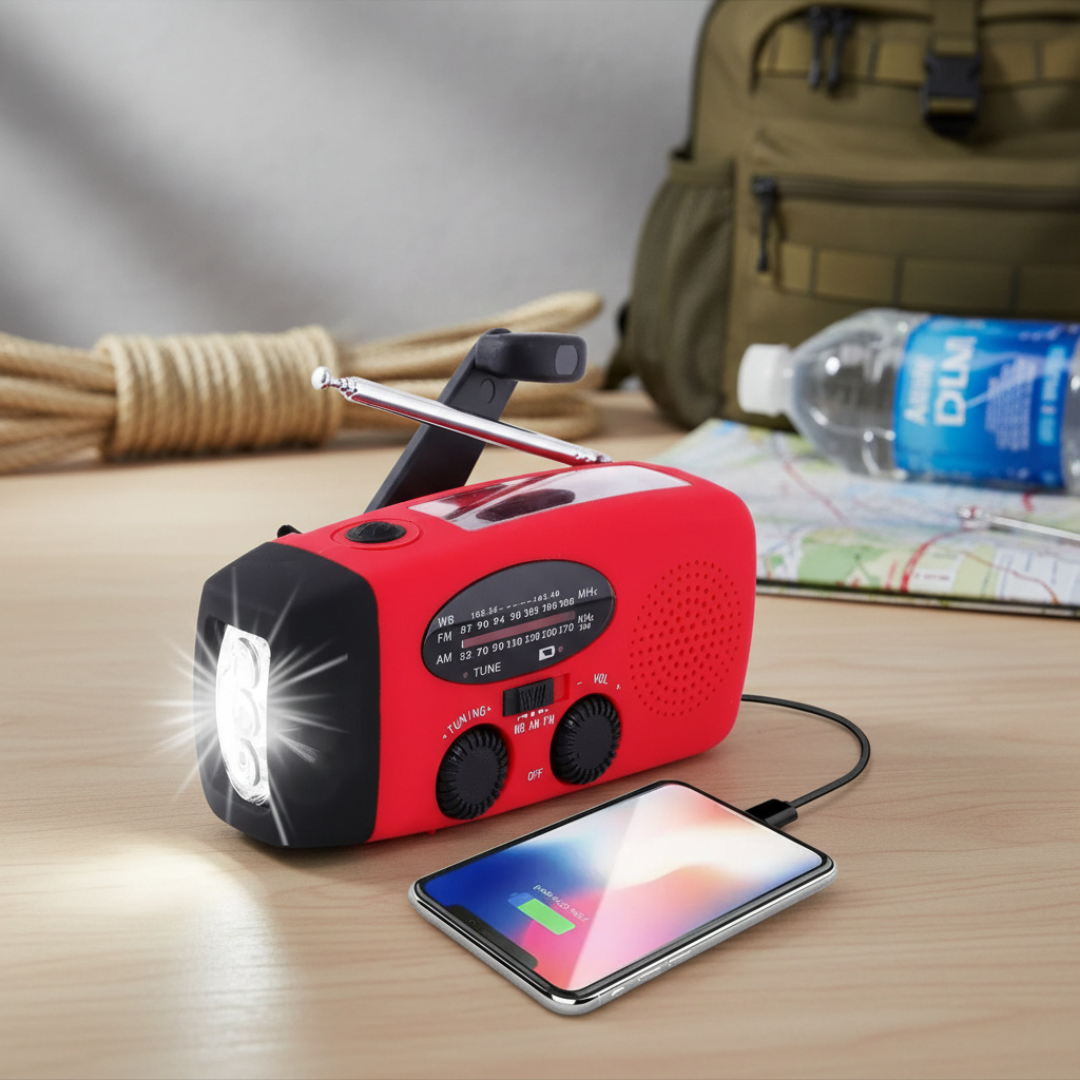 EmergencyAid™ – Kompaktes All-in-One Radio, Ladegerät, Taschenlampe und Solarpanel