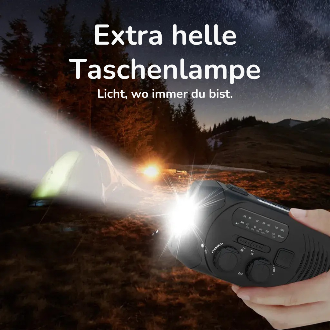 EmergencyAid™ – Kompaktes All-in-One Radio, Ladegerät, Taschenlampe und Solarpanel