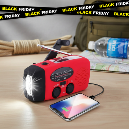 EmergencyAid™ – Kompaktes All-in-One Radio, Ladegerät, Taschenlampe und Solarpanel