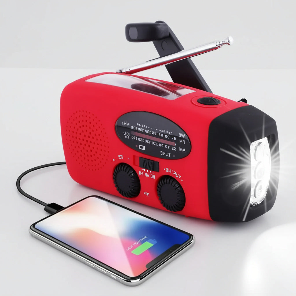 EmergencyAid™ – Kompaktes All-in-One Radio, Ladegerät, Taschenlampe und Solarpanel