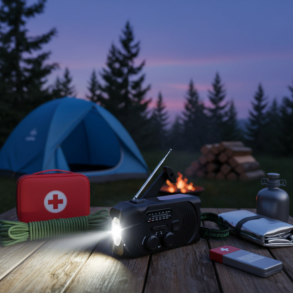 EmergencyAid™ – Kompaktes All-in-One Radio, Ladegerät, Taschenlampe und Solarpanel