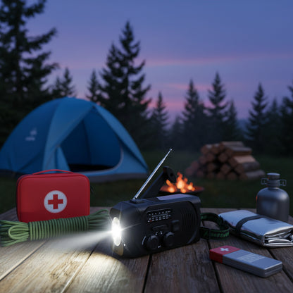 EmergencyAid™ – Kompaktes All-in-One Radio, Ladegerät, Taschenlampe und Solarpanel