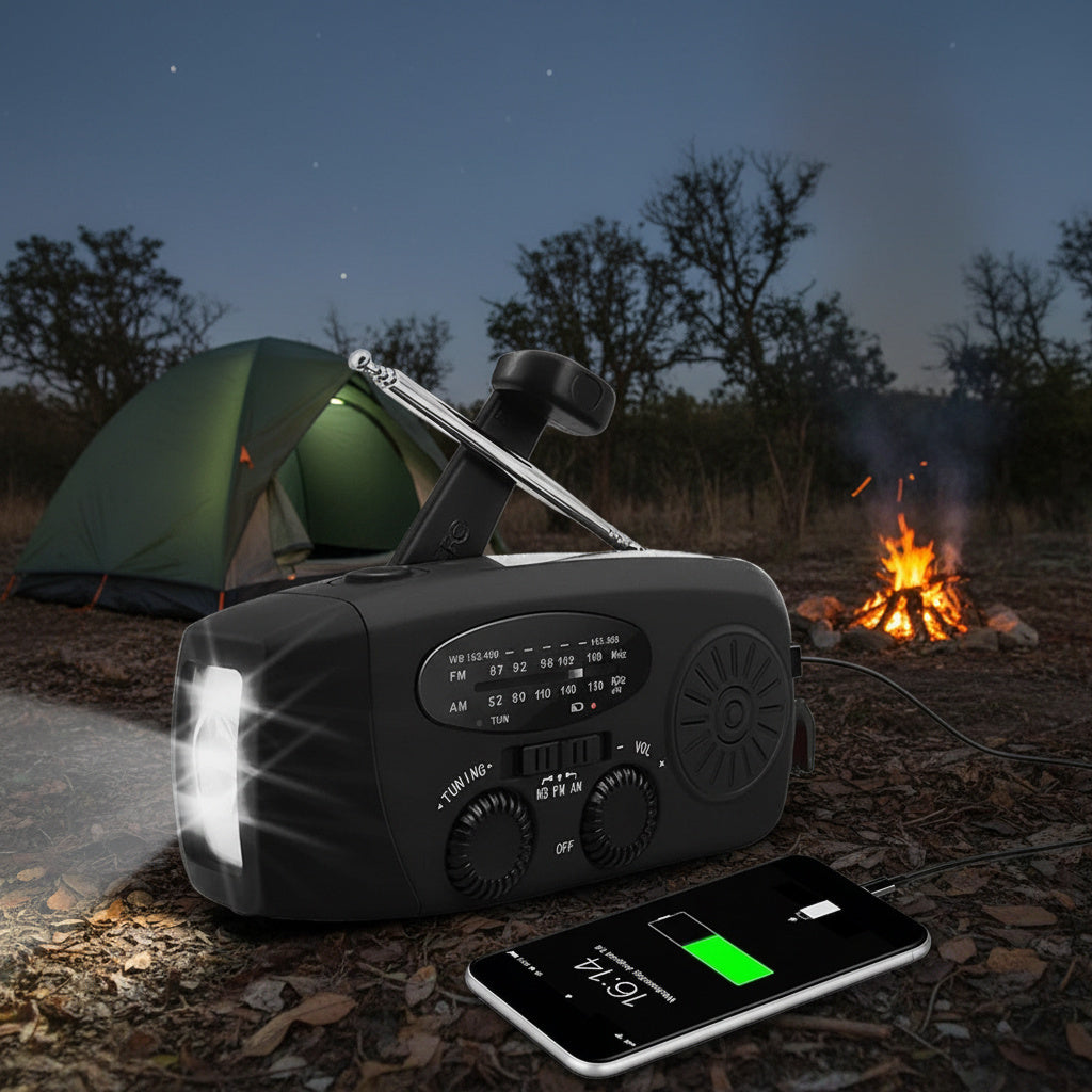 EmergencyAid™ – Kompaktes All-in-One Radio, Ladegerät, Taschenlampe und Solarpanel