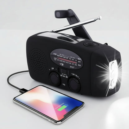 EmergencyAid™ – Kompaktes All-in-One Radio, Ladegerät, Taschenlampe und Solarpanel